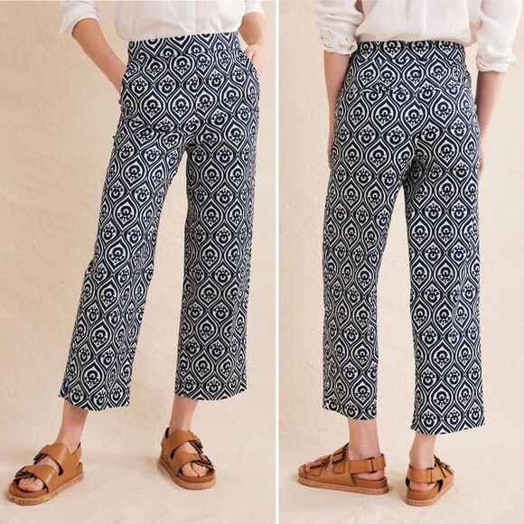 Boden Printed Crop Pants Size US 12 Geo Cascade Navy High Rise Wide Leg Trousers - Picture 13 of 13
